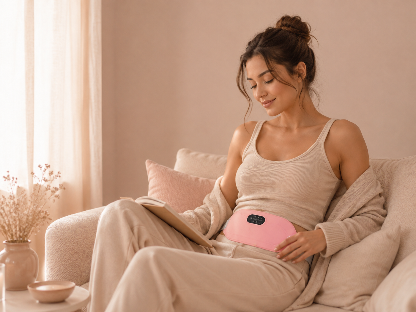 Femme utilisant la ceinture chauffante Tendrelle